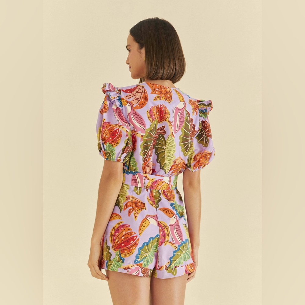 Farm Rio Lilac Beaks & Bananas V Neck Romper